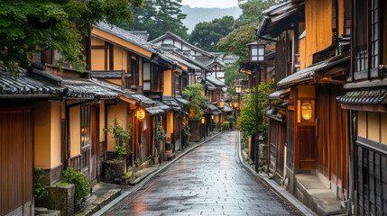 Serene street in Kyoto, Japan, with traditional wooden houses and quiet ambiance.