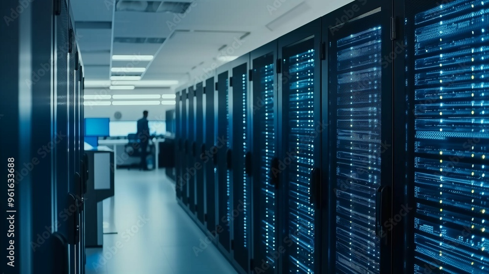 Aufkleber person working in a data center surrounded by server racks in a modern office environment
