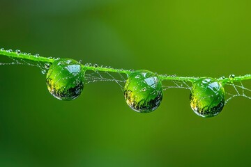 Dewdrops on a Spiderweb with a Green Background