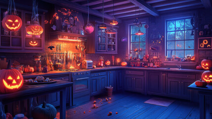 Shadowy Halloween kitchen with an eerie glow, as treats are carefully crafted for a night