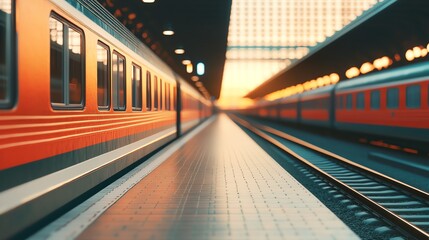 A vibrant train station scene at sunset, showcasing modern architecture and colorful trains on the platform.