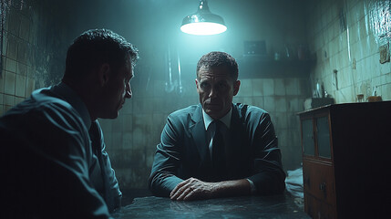 A tense confrontation between two characters in a dimly lit room, creating an atmosphere of suspense and intrigue.