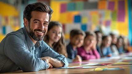 Smiling teacher engages students during a creative learning activity in a colorful classroom