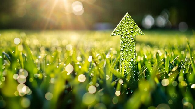 Green arrow rising from dew-covered grass, symbolizing growth. Sustainability and nature concept