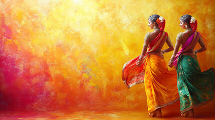 Fototapeta premium Colorful dance performance by women in traditional attire at a vibrant indoor venue in spring