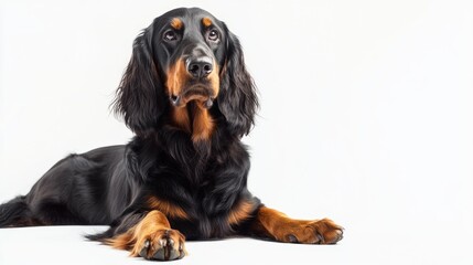 A black and tan dog lying on a white background, showcasing its elegant features.