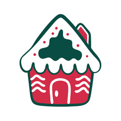 Gingerbread house icon decorated with frosting and festive colors for Christmas celebrations
