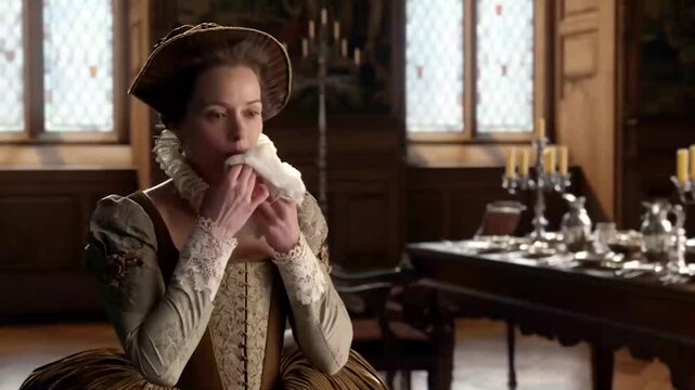 17th century Caucasian woman blowing her nose