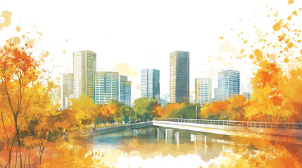 A vibrant autumn cityscape featuring colorful trees, modern buildings, and a serene river, capturing the essence of urban life.