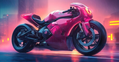Futuristic Pink Motorcycle, Neon Streaks on Rainy Street