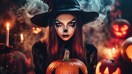 Witch with skeleton face paint amidst glowing pumpkins.