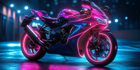 Futuristic Neon Pink Motorcycle in City