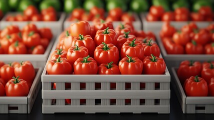 Fresh ripe tomatoes arranged in a wooden crate, showcasing vibrant colors and quality produce for healthy meals or recipes.