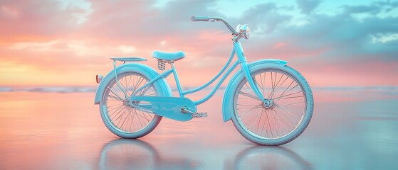 Fototapeta premium Vibrant Bicycle with Reflective Colors, Sunset Sky Background