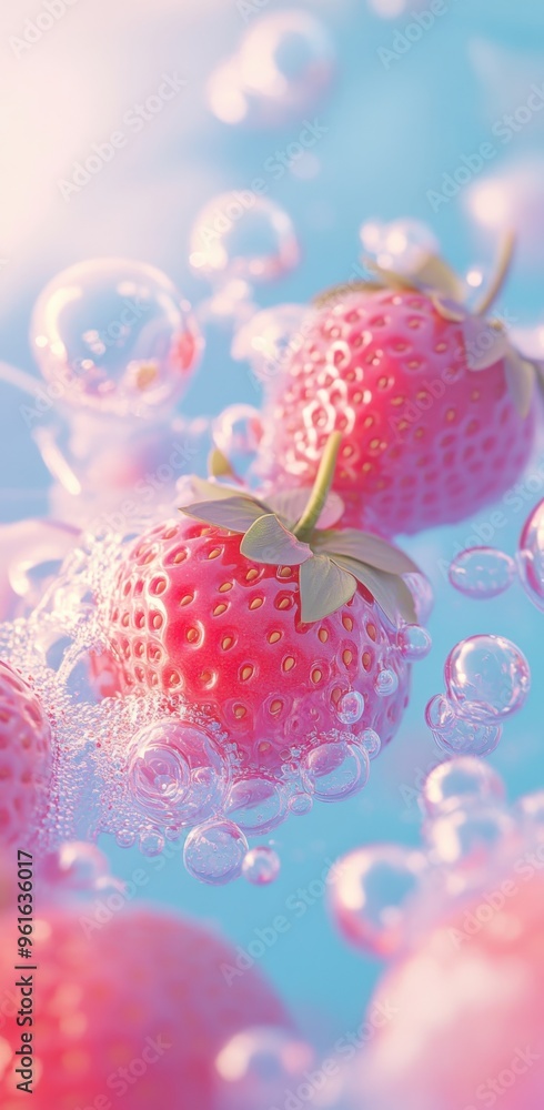 Poster fresh pink strawberries floating in sparkling water with bubbles creating a refreshing and vibrant a