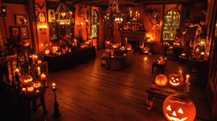 Naklejka premium Spine-tingling Halloween party setup with dim lighting and shadowy corners, perfect