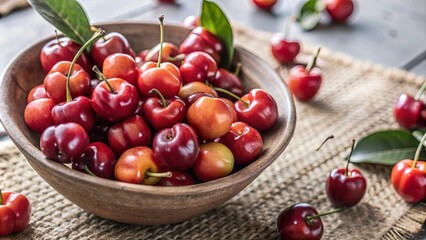 Close-up of bright, shiny acerola cherries, freshly picked. The deep red fruits are clustered together, highlighting their natural freshness and high vitamin C content