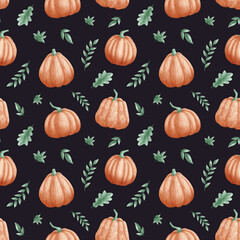 Seamless pattern of various pumpkins with textured patterns surrounded by green leaves on the dark background
