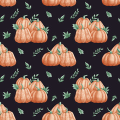 Seamless pattern of watercolor pumpkins with ornaments on the dark background