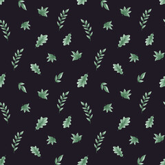 seamless pattern with green leaves on a dark background