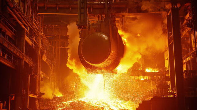 Steel production plant in China, with towering furnaces and molten metal being poured.