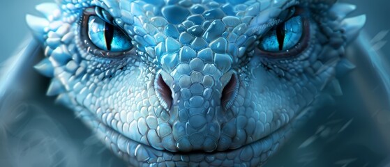 Naklejka premium A tight shot of a dragon's face, blue and white in hue Blue eyes pierce, a white feather atop its head