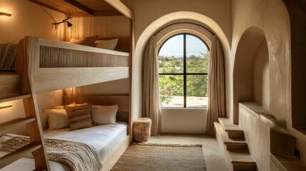Stylish children's villa room, complete with twin small bunk beds, a connecting curved