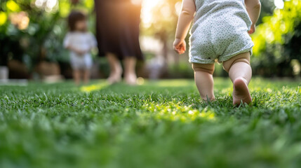 A baby takes its first steps towards its mom in a park. The family is overjoyed, capturing the happy moments of a child's milestone. The baby's tiny feet are visible as it walks on the green grass.