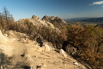 A rocky mountain trail with a view of a forest and mountains in the background