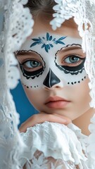 Close-up of girl with haunting skull makeup and veil.