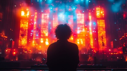A concertgoer enjoys the vibrant lights and energy of a music festival performance with colorful displays in the background