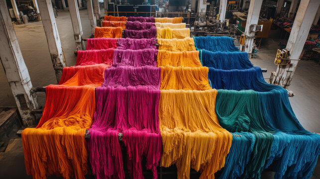 Textile dyeing factory in India, with colorful fabrics being processed.