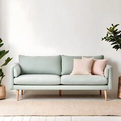 Fototapeta premium Scandinavian Minimalist Sofa with Light Wood Legs and Pastel Linen Upholstery – Clean Lines and Airy Feel, modern living room with sofa