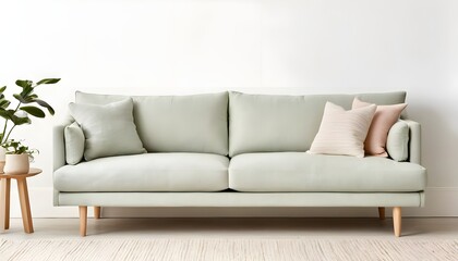 Fototapeta premium Soft Pastel Scandinavian Sofa with Light Wood Legs and Linen Fabric – Minimalist Design for a Fresh and Simple Look, sofa isolated on white background