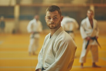 Fototapeta premium Focused judoka in martial arts dojo for training or competitions AI