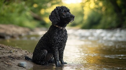 A black dog sits by a riverbank, gazing thoughtfully at the flowing water.