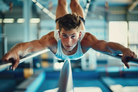 Dynamic gymnast performing on parallel bars in athletic competition AI