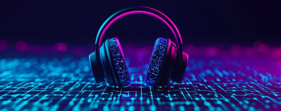 Stylish headphones on a vibrant, digital background. Perfect for music lovers and tech enthusiasts exploring sound innovation.
