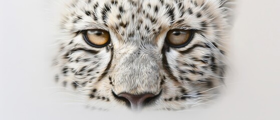 Obraz premium A snow leopard's face up close against a distant white wall backdrop, another white wall near