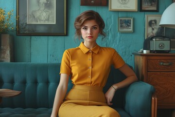 Obraz premium Fashion Model Posing in Yellow Vintage Style Dress