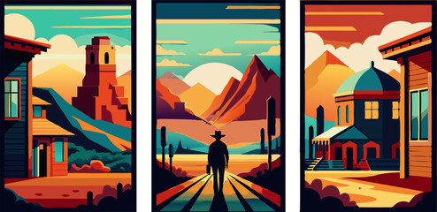 Three paintings of a man on a train track in the desert