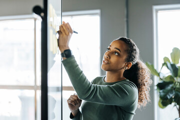 Young female tech programmer writing ideas on whiteboard in office