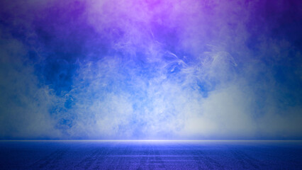 Fototapeta premium Halloween background wallpaper, dark blue gradient, Abstract light, moon night with smoke float up, street asphalt floor, Dark scene colorful lights for holiday poster, Creepy mystical, studio room