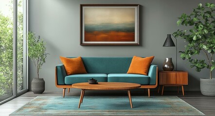 Fototapeta premium Modern Living Room Interior with Couch, Ottoman and Picture Frame