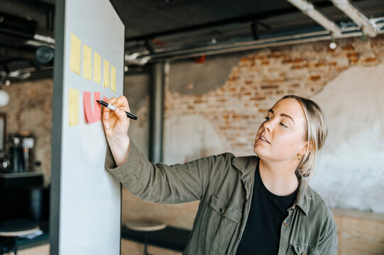 Female tech entrepreneur writing on adhesive note at whiteboard in office