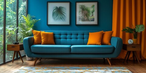 Modern Living Room Design with Blue Couch, Abstract Art, and Tropical Plants