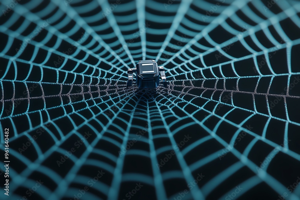 Wall mural Close-up of a spider web with intricate patterns and a dark background, showcasing nature's delicate architecture.
