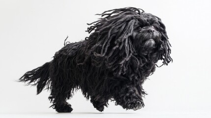 A black, fluffy dog with long, dreadlock-like fur is playfully jumping in the air.