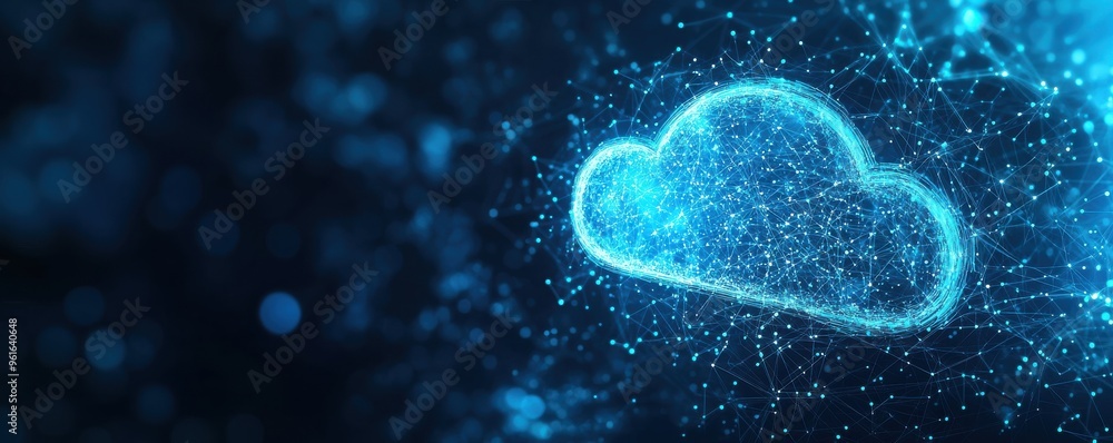 Poster glowing cloud icon with digital connections representing data storage and network technology