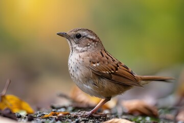 A small brown bird with intricate feather patterns stands on the ground surrounded by leaves, showcasing the natural beauty and detail in its plumage